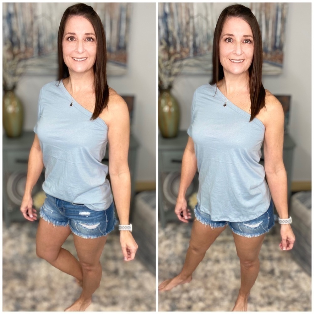 One Cold Shoulder Short Sleeve Relaxed Cotton Top Blue 0622